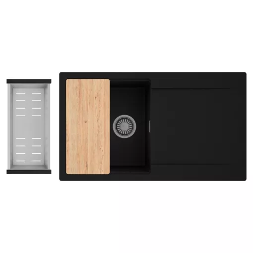 HD Onyx Black 86 egymedencés gránit mosogatótálca szett, csepegtetőtálcával, vágódeszkával, acél csepegtetőkosárral, matt fekete színben