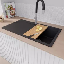 HD Onyx Black 86 egymedencés gránit mosogatótálca szett, csepegtetőtálcával, vágódeszkával, acél csepegtetőkosárral, matt fekete színben