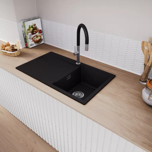 HD Onyx Black 86 egymedencés gránit mosogatótálca, vágódeszkával, matt fekete színben