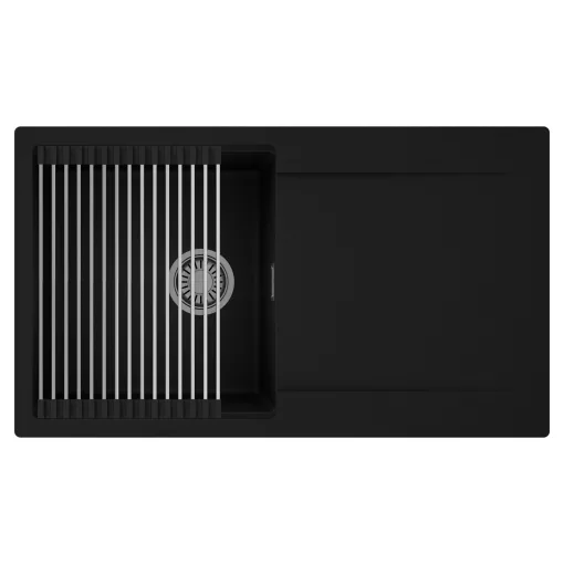 HD Onyx Black 86 egymedencés mosogatótálca szett, acél csepegtetőráccsal, csepegtetőtálcával, matt fekete színben