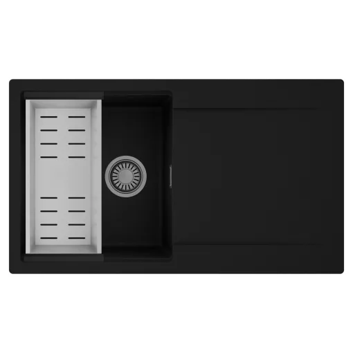 HD Onyx Black 86 egymedencés mosogatótálca szett, acél csepegtetőkosárral, csepegtetőtálcával, matt fekete színben