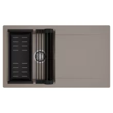 HD Onyx Tortora 86 egymedencés mosogatótálca szett, matt fekete csepegtetőráccsal és kosárral, csepegtetőtálcával, tortora színben, szálcsiszolt króm leeresztő szifonnal