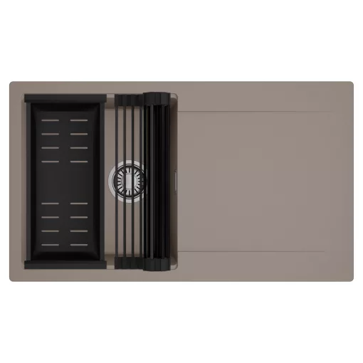 HD Onyx Tortora 86 egymedencés mosogatótálca szett, matt fekete csepegtetőráccsal és kosárral, csepegtetőtálcával, tortora színben, szálcsiszolt króm leeresztő szifonnal