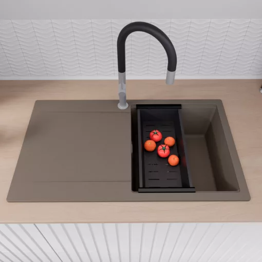 HD Onyx Tortora 86 egymedencés mosogatótálca szett, matt fekete csepegtetőráccsal és kosárral, csepegtetőtálcával, tortora színben, szálcsiszolt króm leeresztő szifonnal