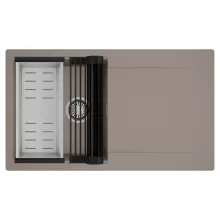 HD Onyx Tortora 86 egymedencés mosogatótálca szett, matt fekete csepegtetőráccsal és krómozott kosárral, csepegtetőtálcával, tortora színben, szálcsiszolt króm leeresztő szifonnal