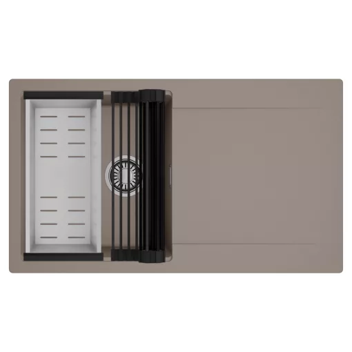 HD Onyx Tortora 86 egymedencés mosogatótálca szett, matt fekete csepegtetőráccsal és krómozott kosárral, csepegtetőtálcával, tortora színben, szálcsiszolt króm leeresztő szifonnal