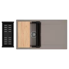 HD Onyx Tortora 86 egymedencés gránit mosogatótálca szett, csepegtetőtálcával, vágódeszkával, matt fekete csepegtetőráccsal és kosárral, tortora színben, szálcsiszolt króm leeresztő szifonnal