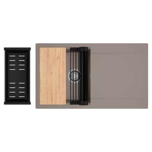 HD Onyx Tortora 86 egymedencés gránit mosogatótálca szett, csepegtetőtálcával, vágódeszkával, matt fekete csepegtetőráccsal és kosárral, tortora színben, szálcsiszolt króm leeresztő szifonnal