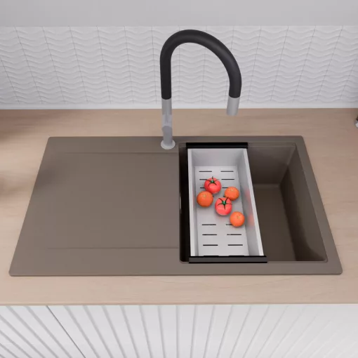 HD Onyx Tortora 86 egymedencés gránit mosogatótálca szett, csepegtetőtálcával, vágódeszkával, matt fekete csepegtetőráccsal és krómozott kosárral, tortora színben, szálcsiszolt króm leeresztő szifonnal