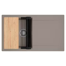 HD Onyx Tortora 86 egymedencés gránit mosogatótálca szett, csepegtetőtálcával, vágódeszkával, matt fekete csepegtetőráccsal, tortora színben, szálcsiszolt króm leeresztő szifonnal