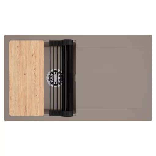 HD Onyx Tortora 86 egymedencés gránit mosogatótálca szett, csepegtetőtálcával, vágódeszkával, matt fekete csepegtetőráccsal, tortora színben, szálcsiszolt króm leeresztő szifonnal