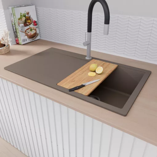 HD Onyx Tortora 86 egymedencés gránit mosogatótálca szett, csepegtetőtálcával, vágódeszkával, matt fekete csepegtetőráccsal, tortora színben, szálcsiszolt króm leeresztő szifonnal