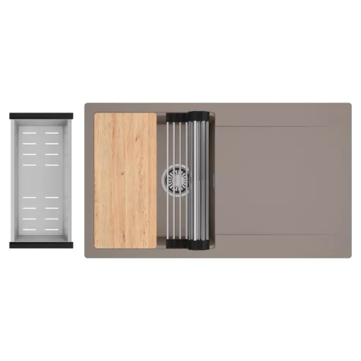 HD Onyx Tortora 86 egymedencés gránit mosogatótálca szett, csepegtetőtálcával, vágódeszkával, acél csepegtetőráccsal és kosárral, tortora színben, szálcsiszolt króm leeresztő szifonnal