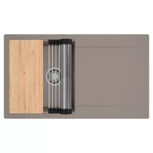 HD Onyx Tortora 86 egymedencés gránit mosogatótálca szett, csepegtetőtálcával, vágódeszkával, acél csepegtetőráccsal, tortora színben, szálcsiszolt króm leeresztő szifonnal