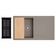 HD Onyx Tortora 86 egymedencés gránit mosogatótálca szett, csepegtetőtálcával, vágódeszkával, matt fekete csepegtetőkosárral, tortora színben, szálcsiszolt króm leeresztő szifonnal