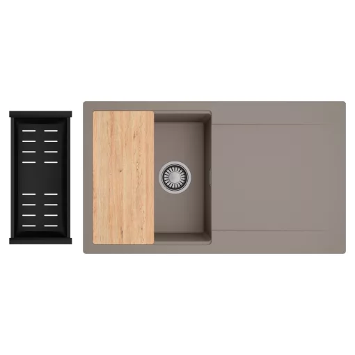 HD Onyx Tortora 86 egymedencés gránit mosogatótálca szett, csepegtetőtálcával, vágódeszkával, matt fekete csepegtetőkosárral, tortora színben, szálcsiszolt króm leeresztő szifonnal