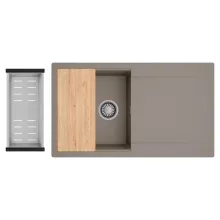 HD Onyx Tortora 86 egymedencés gránit mosogatótálca szett, csepegtetőtálcával, vágódeszkával, acél csepegtetőkosárral, tortora színben, szálcsiszolt króm leeresztő szifonnal