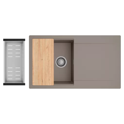 HD Onyx Tortora 86 egymedencés gránit mosogatótálca szett, csepegtetőtálcával, vágódeszkával, acél csepegtetőkosárral, tortora színben, szálcsiszolt króm leeresztő szifonnal
