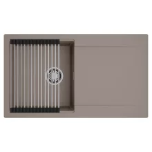 HD Onyx Tortora 86 egymedencés mosogatótálca szett, acél csepegtetőráccsal, csepegtetőtálcával, tortora színben, szálcsiszolt króm leeresztő szifonnal