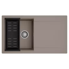 HD Onyx Tortora 86 egymedencés mosogatótálca szett, matt fekete csepegtetőkosárral, csepegtetőtálcával, tortora színben, szálcsiszolt króm leeresztő szifonnal