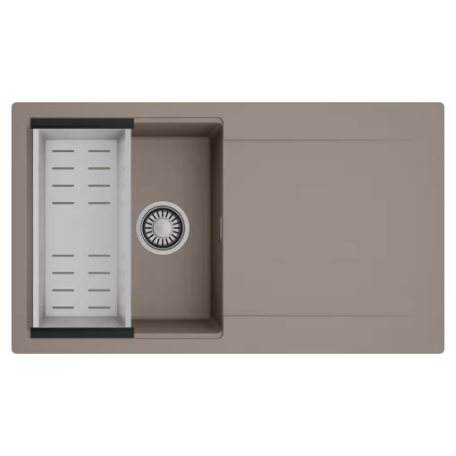 HD Onyx Tortora 86 egymedencés mosogatótálca szett, acél csepegtetőkosárral, csepegtetőtálcával, tortora színben, szálcsiszolt króm leeresztő szifonnal