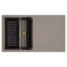 HD Onyx Tortora 86 egymedencés mosogatótálca szett, matt fekete csepegtetőráccsal és kosárral, csepegtetőtálcával, tortora színben, szálcsiszolt arany leeresztő szifonnal