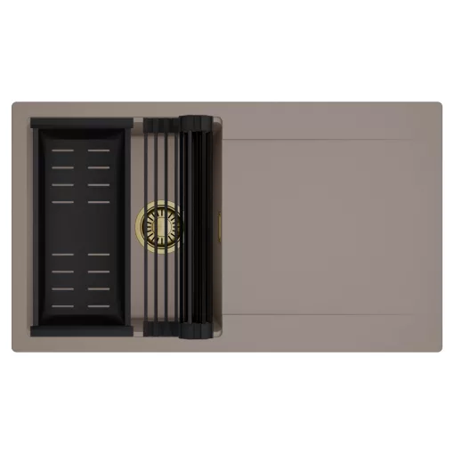 HD Onyx Tortora 86 egymedencés mosogatótálca szett, matt fekete csepegtetőráccsal és kosárral, csepegtetőtálcával, tortora színben, szálcsiszolt arany leeresztő szifonnal