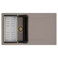 HD Onyx Tortora 86 egymedencés mosogatótálca szett, matt fekete csepegtetőráccsal és krómozott kosárral, csepegtetőtálcával, tortora színben, szálcsiszolt arany leeresztő szifonnal