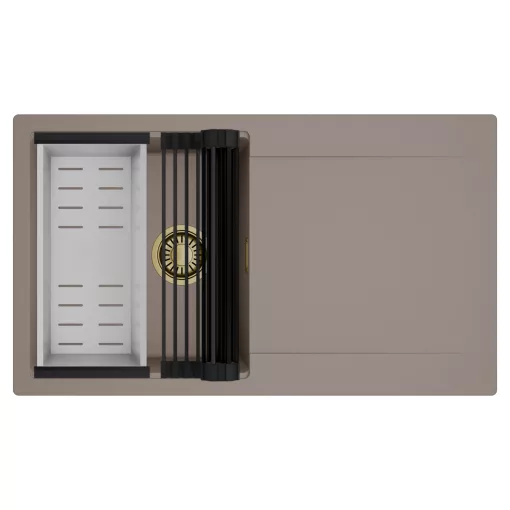 HD Onyx Tortora 86 egymedencés mosogatótálca szett, matt fekete csepegtetőráccsal és krómozott kosárral, csepegtetőtálcával, tortora színben, szálcsiszolt arany leeresztő szifonnal