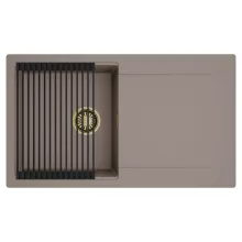 HD Onyx Tortora 86 egymedencés mosogatótálca szett, matt fekete csepegtetőráccsal, csepegtetőtálcával, tortora színben, szálcsiszolt arany leeresztő szifonnal