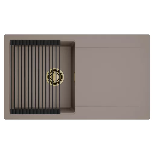 HD Onyx Tortora 86 egymedencés mosogatótálca szett, matt fekete csepegtetőráccsal, csepegtetőtálcával, tortora színben, szálcsiszolt arany leeresztő szifonnal