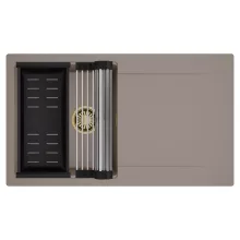 HD Onyx Tortora 86 egymedencés mosogatótálca szett, acél csepegtetőráccsal és matt fekete kosárral, csepegtetőtálcával, tortora színben, szálcsiszolt arany leeresztő szifonnal