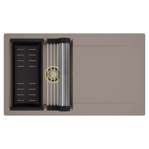 HD Onyx Tortora 86 egymedencés mosogatótálca szett, acél csepegtetőráccsal és matt fekete kosárral, csepegtetőtálcával, tortora színben, szálcsiszolt arany leeresztő szifonnal