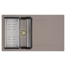 HD Onyx Tortora 86 egymedencés mosogatótálca szett, acél csepegtetőráccsal és kosárral, csepegtetőtálcával, tortora színben, szálcsiszolt arany leeresztő szifonnal