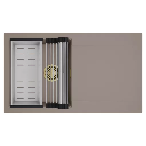 HD Onyx Tortora 86 egymedencés mosogatótálca szett, acél csepegtetőráccsal és kosárral, csepegtetőtálcával, tortora színben, szálcsiszolt arany leeresztő szifonnal