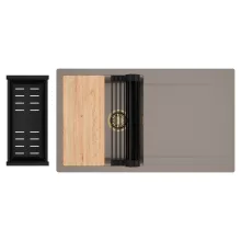 HD Onyx Tortora 86 egymedencés gránit mosogatótálca szett, csepegtetőtálcával, vágódeszkával, matt fekete csepegtetőráccsal és kosárral, tortora színben, szálcsiszolt arany leeresztő szifonnal