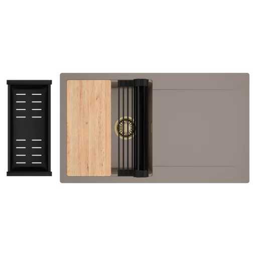 HD Onyx Tortora 86 egymedencés gránit mosogatótálca szett, csepegtetőtálcával, vágódeszkával, matt fekete csepegtetőráccsal és kosárral, tortora színben, szálcsiszolt arany leeresztő szifonnal