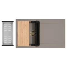 HD Onyx Tortora 86 egymedencés gránit mosogatótálca szett, csepegtetőtálcával, vágódeszkával, matt fekete csepegtetőráccsal és krómozott kosárral, tortora színben, szálcsiszolt arany leeresztő szifonnal