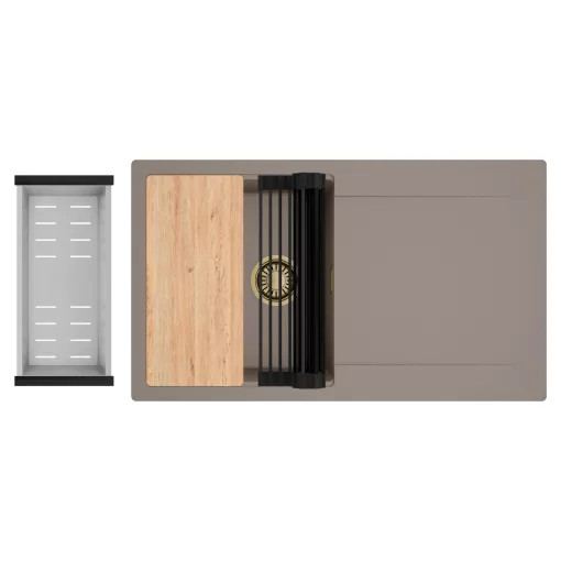 HD Onyx Tortora 86 egymedencés gránit mosogatótálca szett, csepegtetőtálcával, vágódeszkával, matt fekete csepegtetőráccsal és krómozott kosárral, tortora színben, szálcsiszolt arany leeresztő szifonnal