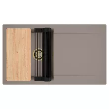 HD Onyx Tortora 86 egymedencés gránit mosogatótálca szett, csepegtetőtálcával, vágódeszkával, matt fekete csepegtetőráccsal, tortora színben, szálcsiszolt arany leeresztő szifonnal