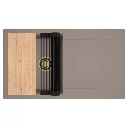 HD Onyx Tortora 86 egymedencés gránit mosogatótálca szett, csepegtetőtálcával, vágódeszkával, matt fekete csepegtetőráccsal, tortora színben, szálcsiszolt arany leeresztő szifonnal