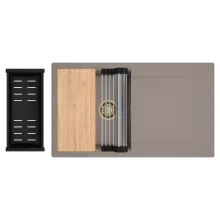 HD Onyx Tortora 86 egymedencés gránit mosogatótálca szett, csepegtetőtálcával, vágódeszkával, acél csepegtetőráccsal és matt fekete kosárral, tortora színben, szálcsiszolt arany leeresztő szifonnal