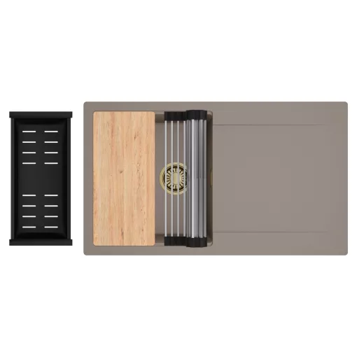 HD Onyx Tortora 86 egymedencés gránit mosogatótálca szett, csepegtetőtálcával, vágódeszkával, acél csepegtetőráccsal és matt fekete kosárral, tortora színben, szálcsiszolt arany leeresztő szifonnal