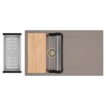 HD Onyx Tortora 86 egymedencés gránit mosogatótálca szett, csepegtetőtálcával, vágódeszkával, acél csepegtetőráccsal és kosárral, tortora színben, szálcsiszolt arany leeresztő szifonnal