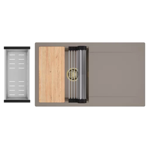 HD Onyx Tortora 86 egymedencés gránit mosogatótálca szett, csepegtetőtálcával, vágódeszkával, acél csepegtetőráccsal és kosárral, tortora színben, szálcsiszolt arany leeresztő szifonnal