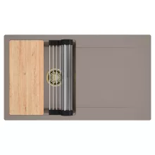 HD Onyx Tortora 86 egymedencés gránit mosogatótálca szett, csepegtetőtálcával, vágódeszkával, acél csepegtetőráccsal, tortora színben, szálcsiszolt arany leeresztő szifonnal