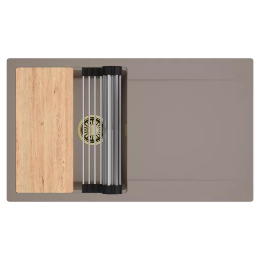 HD Onyx Tortora 86 egymedencés gránit mosogatótálca szett, csepegtetőtálcával, vágódeszkával, acél csepegtetőráccsal, tortora színben, szálcsiszolt arany leeresztő szifonnal