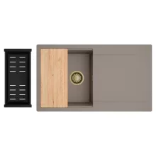 HD Onyx Tortora 86 egymedencés gránit mosogatótálca szett, csepegtetőtálcával, vágódeszkával, matt fekete csepegtetőkosárral, tortora színben, szálcsiszolt arany leeresztő szifonnal