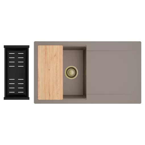 HD Onyx Tortora 86 egymedencés gránit mosogatótálca szett, csepegtetőtálcával, vágódeszkával, matt fekete csepegtetőkosárral, tortora színben, szálcsiszolt arany leeresztő szifonnal