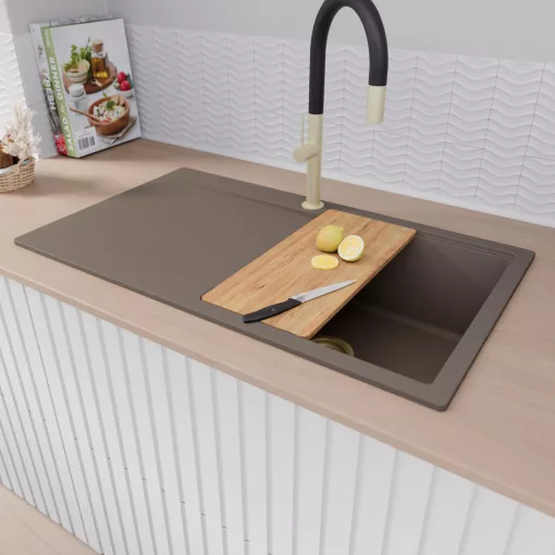 HD Onyx Tortora 86 egymedencés gránit mosogatótálca szett, csepegtetőtálcával, vágódeszkával, matt fekete csepegtetőkosárral, tortora színben, szálcsiszolt arany leeresztő szifonnal